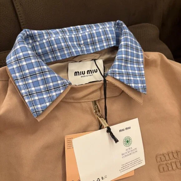 Miu Miu Women's Casual Zip-Collar Layered-Look Jacket — Beige, Size M - Picture 3 of 5